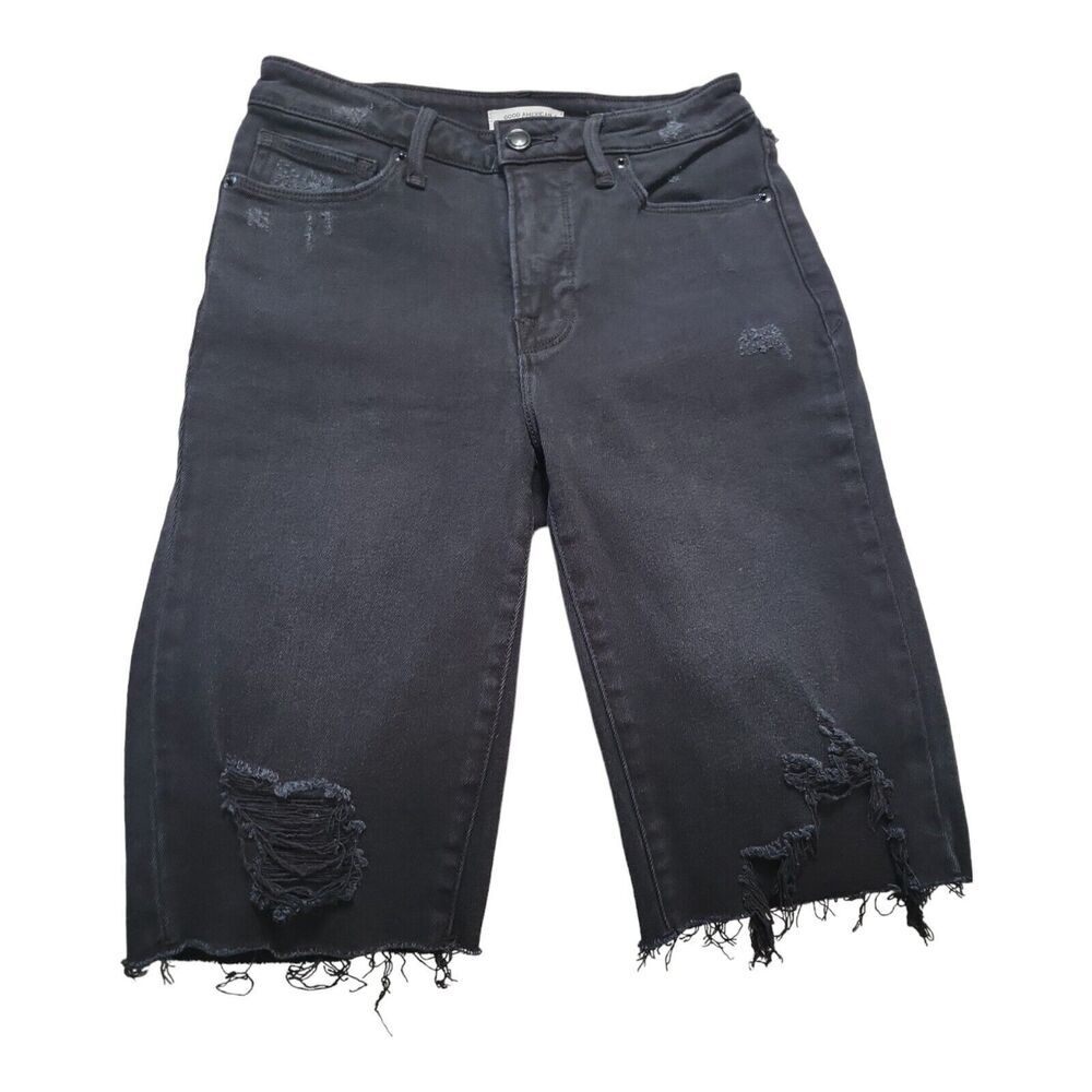 Good American Good Bermuda Shorts Women's Size 2/26 Raw Hem Denim Shorts Black